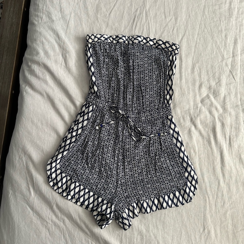 Blue and white strapless romper